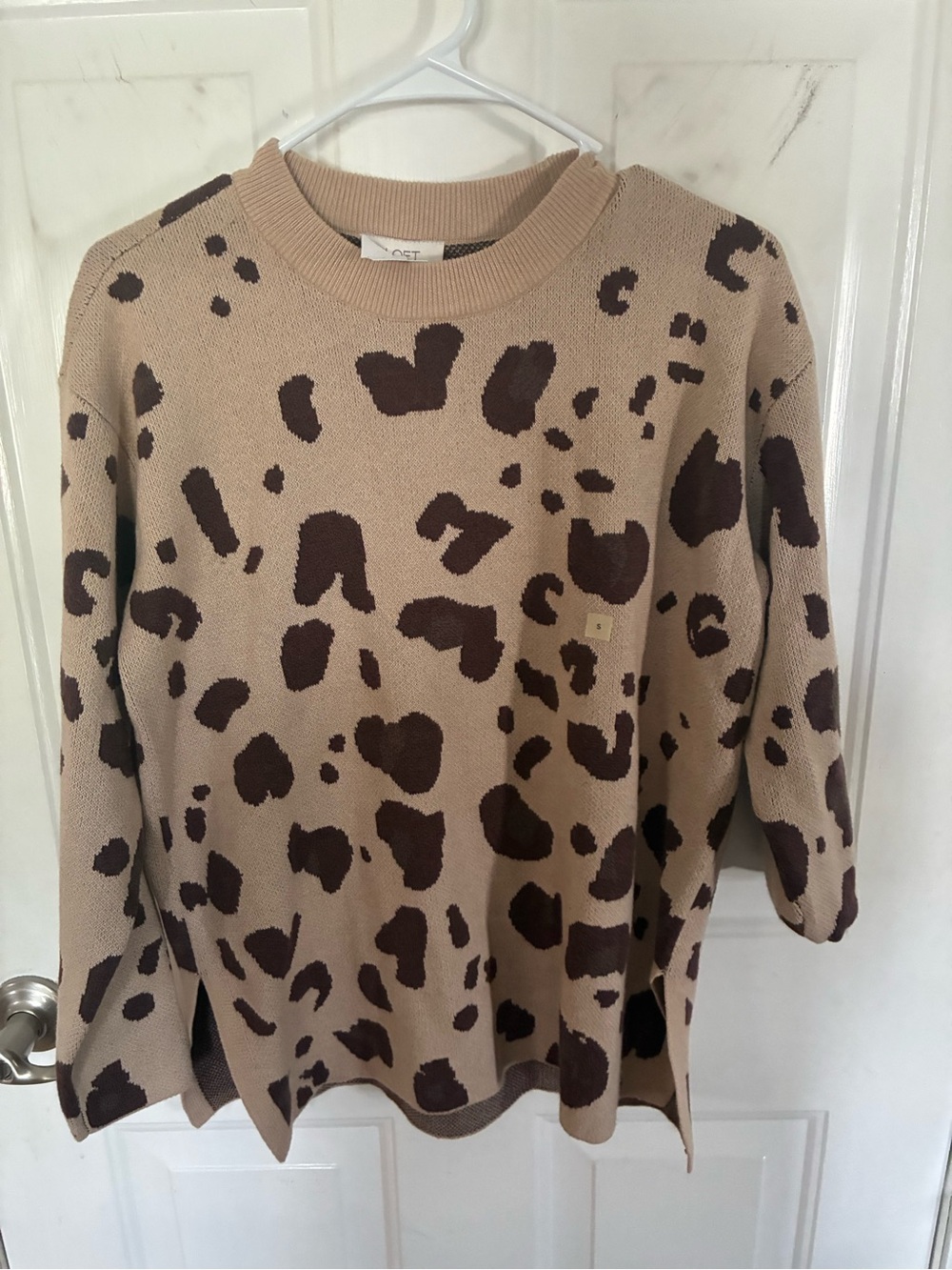 LOFT Beige Sweater with Dark Brown Leopard Print Crewneck